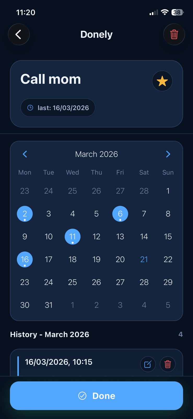 Donely completion history screen